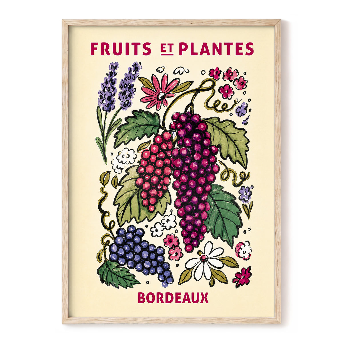 Bordeaux in Bloom, beige, purple, pink nature wall art, front artwork view