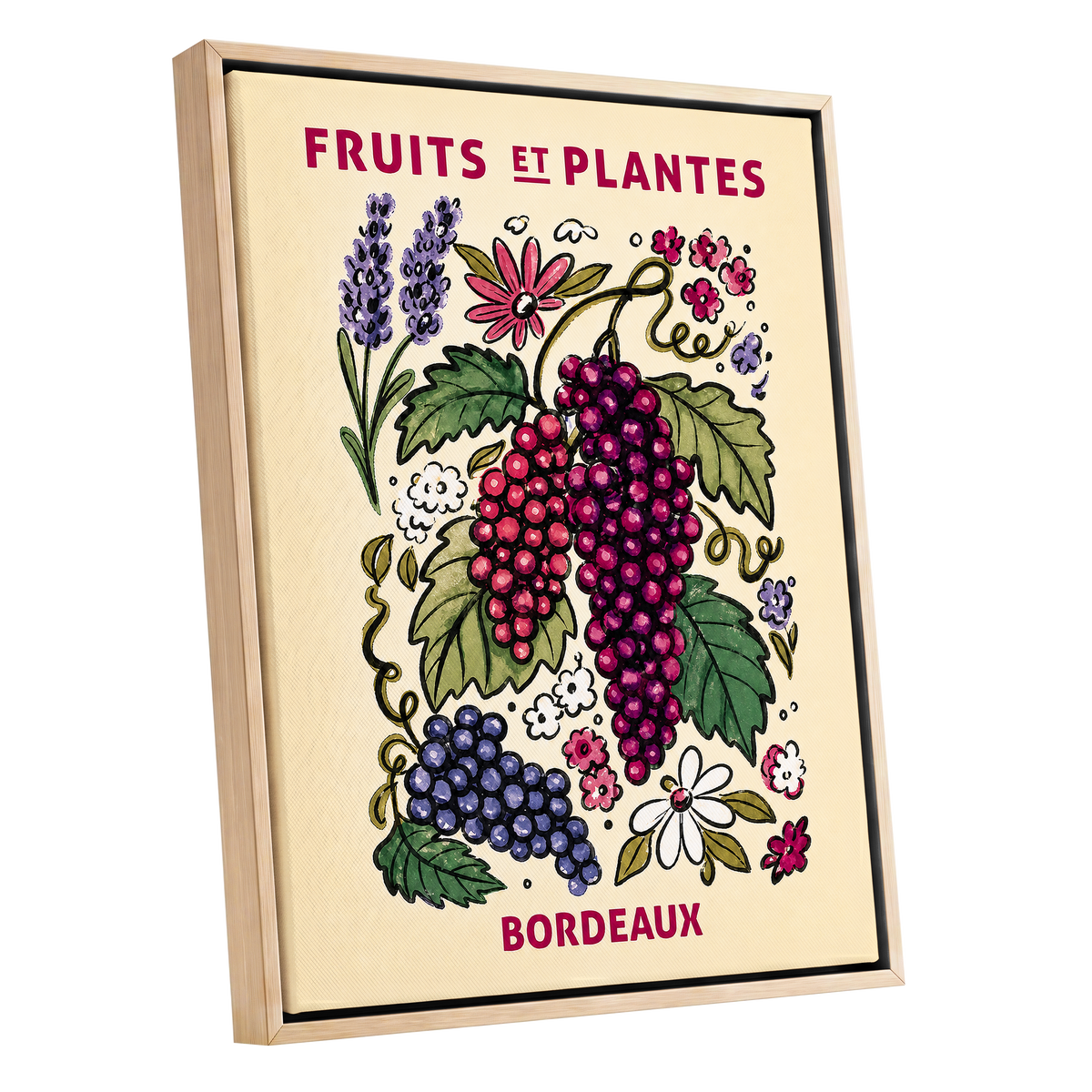 Bordeaux in Bloom, beige, purple, pink nature wall art shown as a oak framed canvas wall art