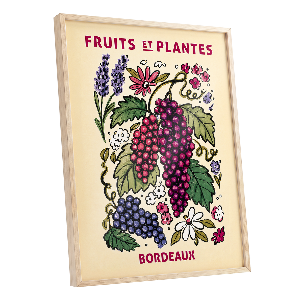 Bordeaux in Bloom, beige, purple, pink nature wall art shown as a oak framed poster wall art print