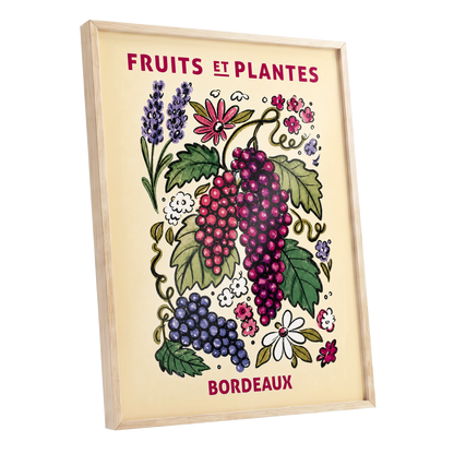 Bordeaux in Bloom, beige, purple, pink nature wall art shown as a oak framed poster wall art print
