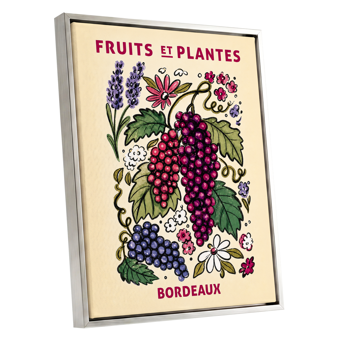 Bordeaux in Bloom, beige, purple, pink nature wall art shown as a silver framed canvas wall art