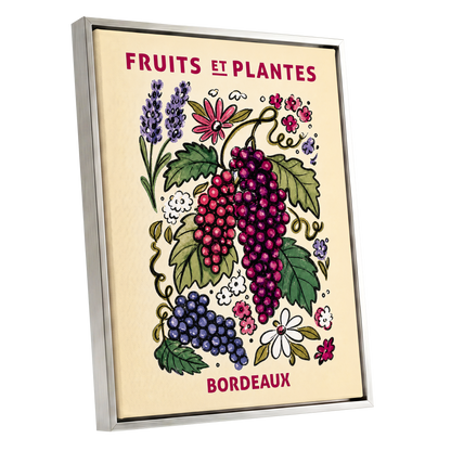 Bordeaux in Bloom, beige, purple, pink nature wall art shown as a silver framed canvas wall art