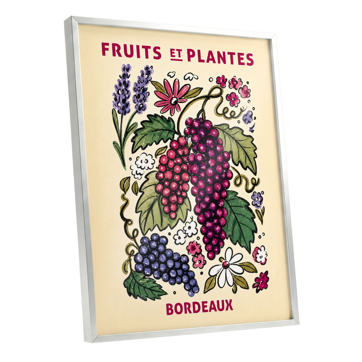 Bordeaux in Bloom, beige, purple, pink nature wall art shown as a silver framed poster wall art print