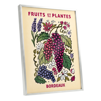 Bordeaux in Bloom, beige, purple, pink nature wall art shown as a silver framed poster wall art print