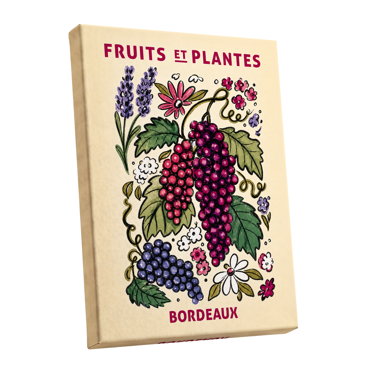 Bordeaux in Bloom, beige, purple, pink nature wall art shown as a stretched canvas wall art