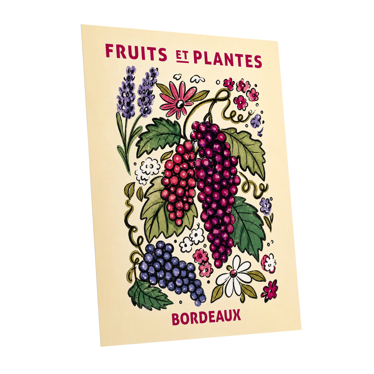 Bordeaux in Bloom, beige, purple, pink nature wall art shown as a unframed poster wall art print