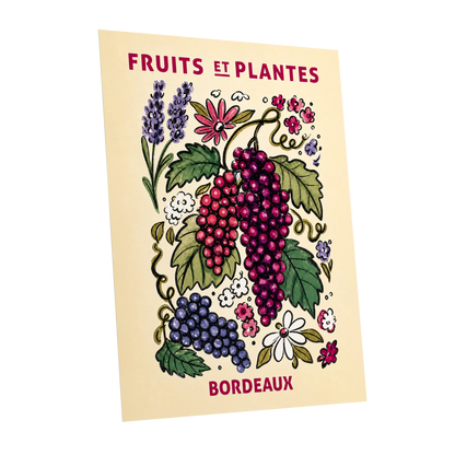 Bordeaux in Bloom, beige, purple, pink nature wall art shown as a unframed poster wall art print