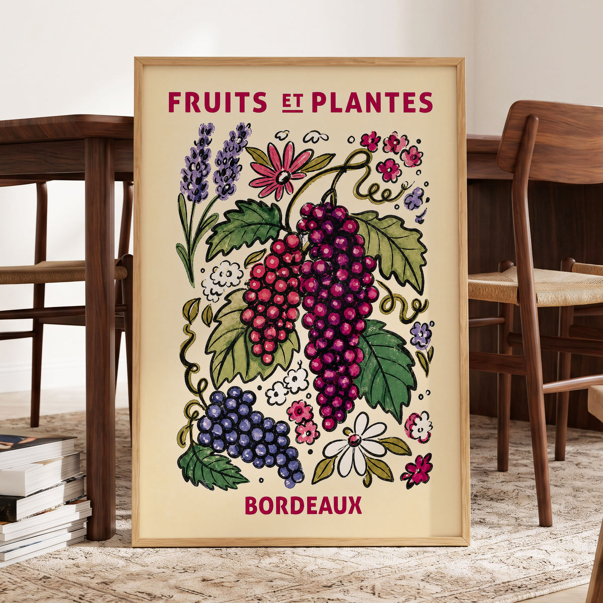 Bordeaux in Bloom, beige, purple, pink nature wall art displayed in a styled interior, gallery view 2