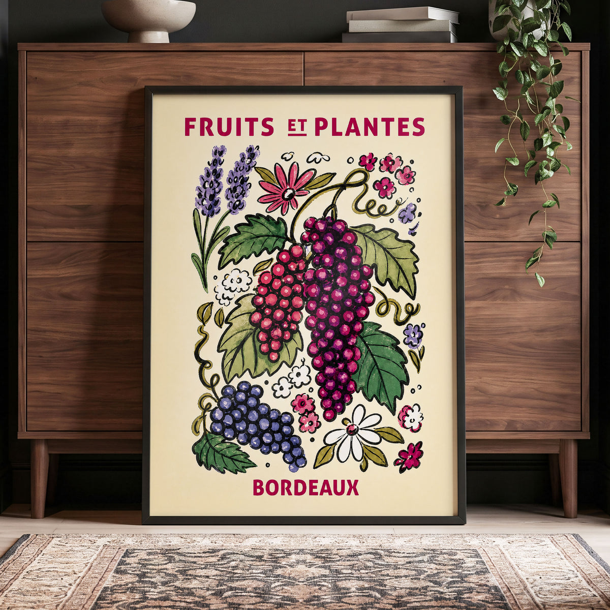 Bordeaux in Bloom, beige, purple, pink nature wall art displayed in a styled interior, gallery view 6