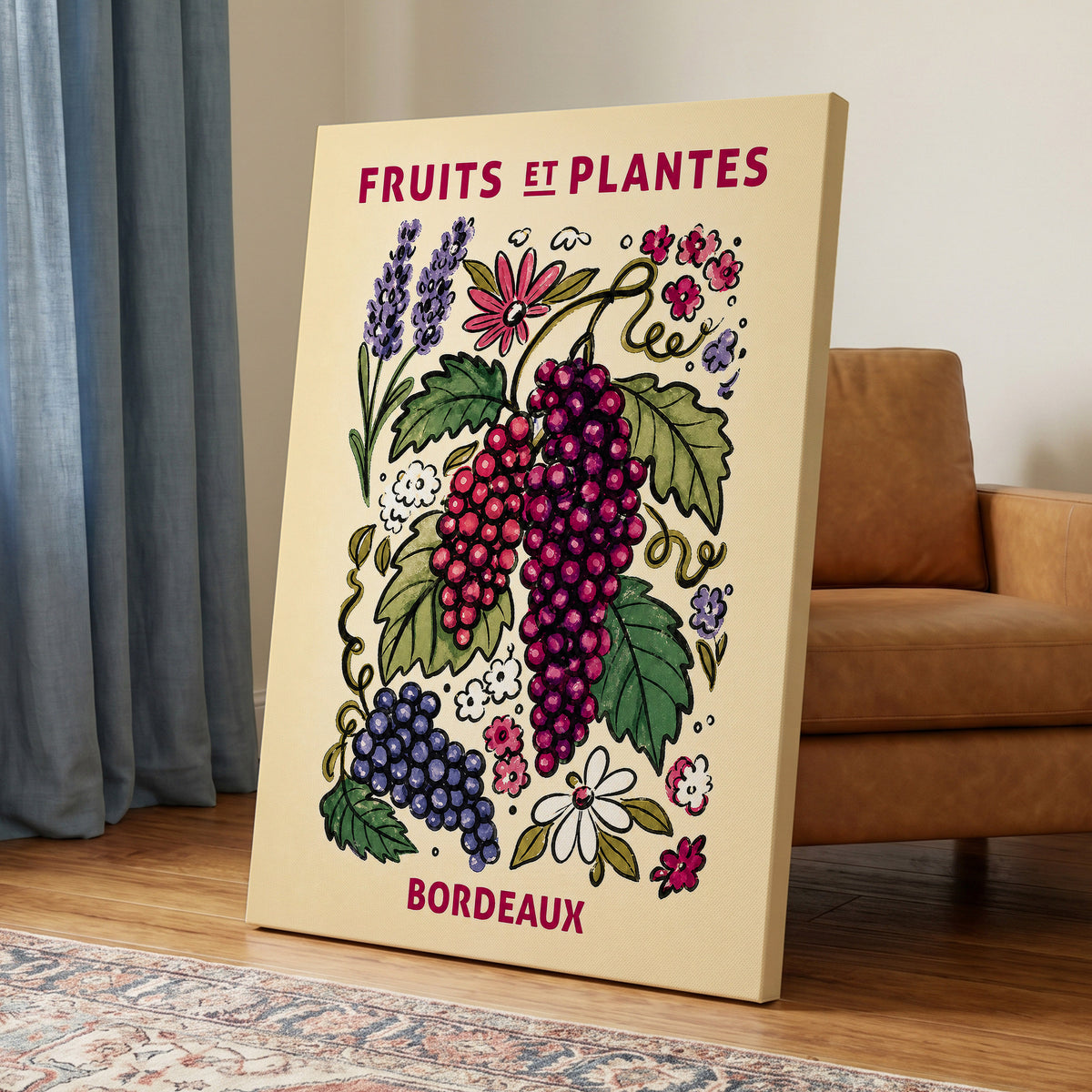 Bordeaux in Bloom, beige, purple, pink nature wall art displayed in a styled interior, gallery view 7