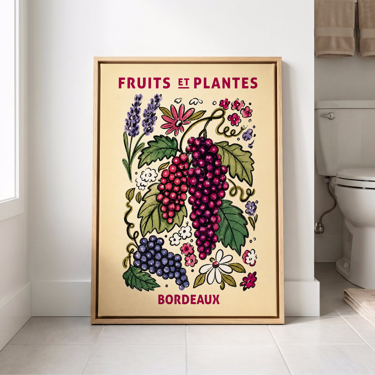Bordeaux in Bloom, beige, purple, pink nature wall art displayed in a styled interior, gallery view 8