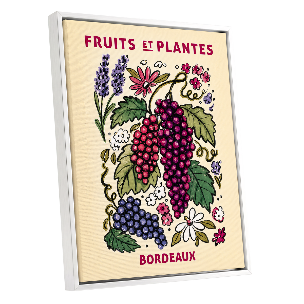 Bordeaux in Bloom, beige, purple, pink nature wall art shown as a white framed canvas wall art