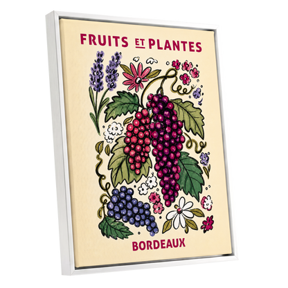 Bordeaux in Bloom, beige, purple, pink nature wall art shown as a white framed canvas wall art