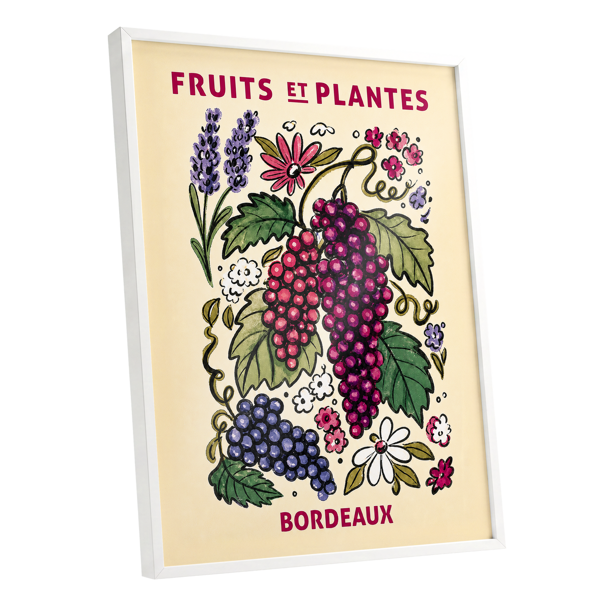 Bordeaux in Bloom, beige, purple, pink nature wall art shown as a white framed poster wall art print
