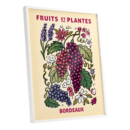 Bordeaux in Bloom, beige, purple, pink nature wall art shown as a white framed poster wall art print