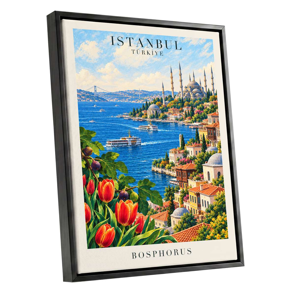 Bosphorus in Bloom, blue, green, beige minimalist wall art shown as a black framed canvas wall art