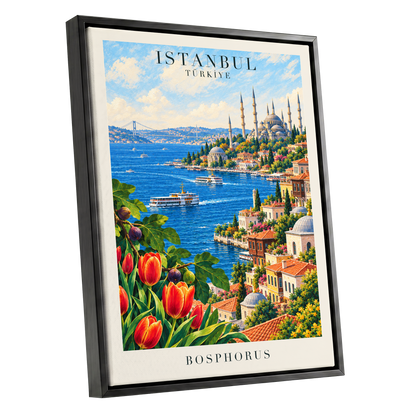 Bosphorus in Bloom, blue, green, beige minimalist wall art shown as a black framed canvas wall art