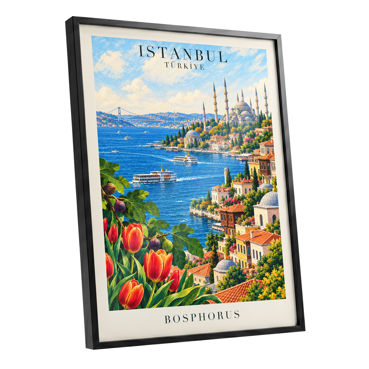 Bosphorus in Bloom, blue, green, beige minimalist wall art shown as a black framed poster wall art print