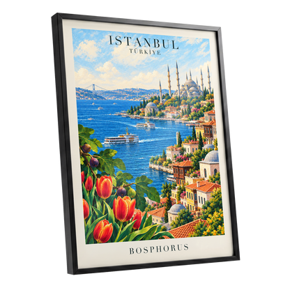 Bosphorus in Bloom, blue, green, beige minimalist wall art shown as a black framed poster wall art print