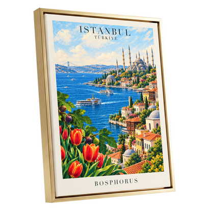 Bosphorus in Bloom, blue, green, beige minimalist wall art shown as a gold framed canvas wall art