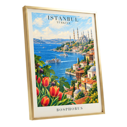 Bosphorus in Bloom, blue, green, beige minimalist wall art shown as a gold framed poster wall art print