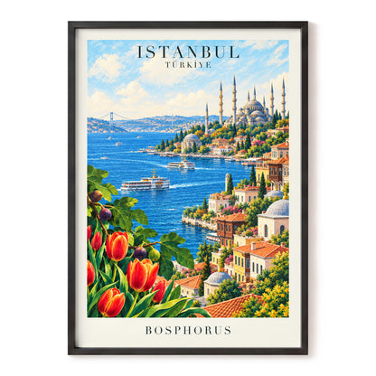 Bosphorus in Bloom, blue, green, beige minimalist wall art, front artwork view