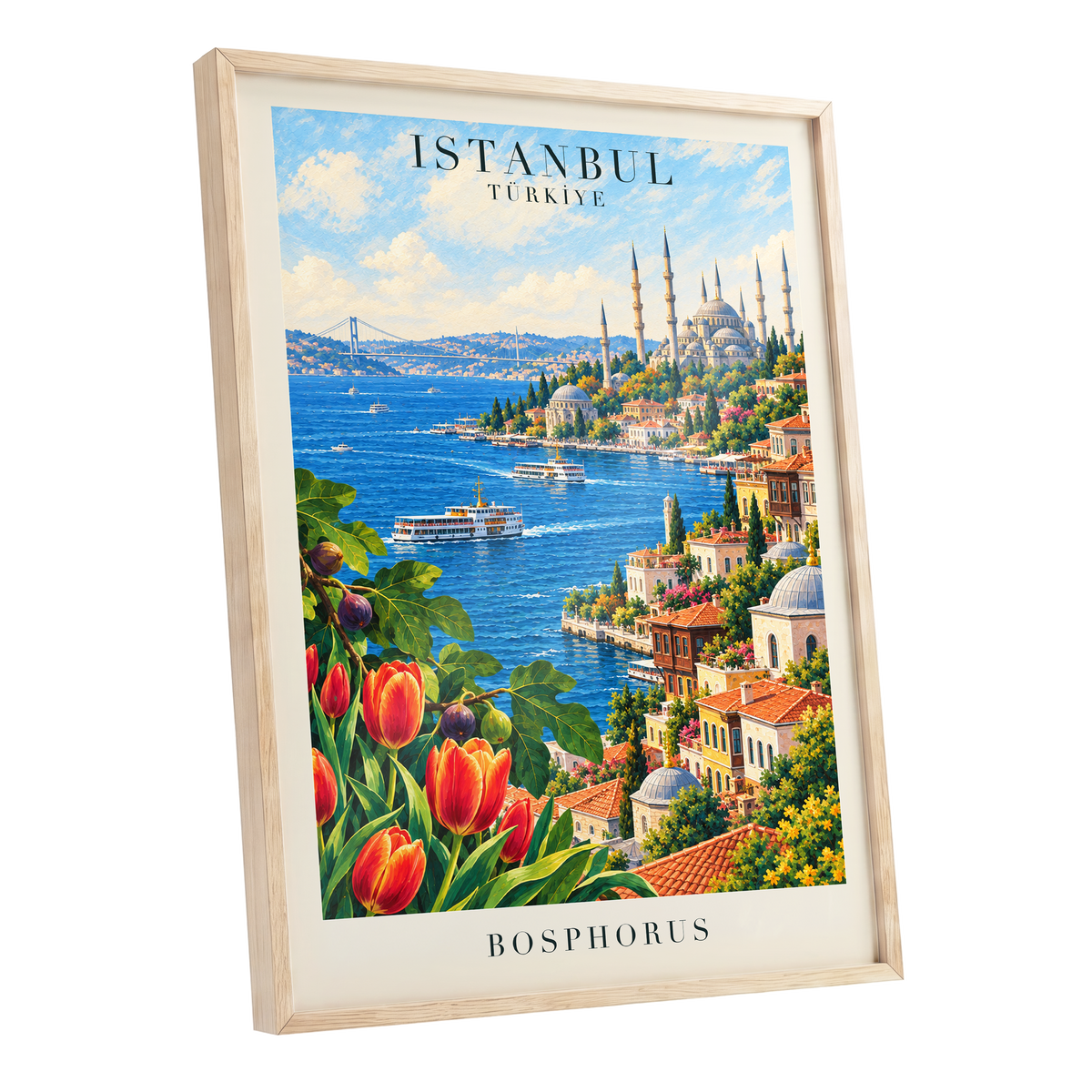 Bosphorus in Bloom, blue, green, beige minimalist wall art shown as a oak framed poster wall art print