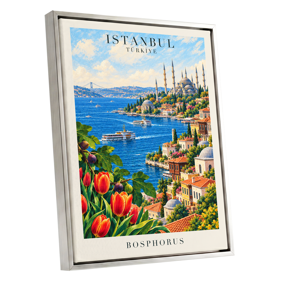 Bosphorus in Bloom, blue, green, beige minimalist wall art shown as a silver framed canvas wall art