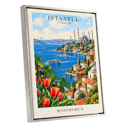 Bosphorus in Bloom, blue, green, beige minimalist wall art shown as a silver framed canvas wall art