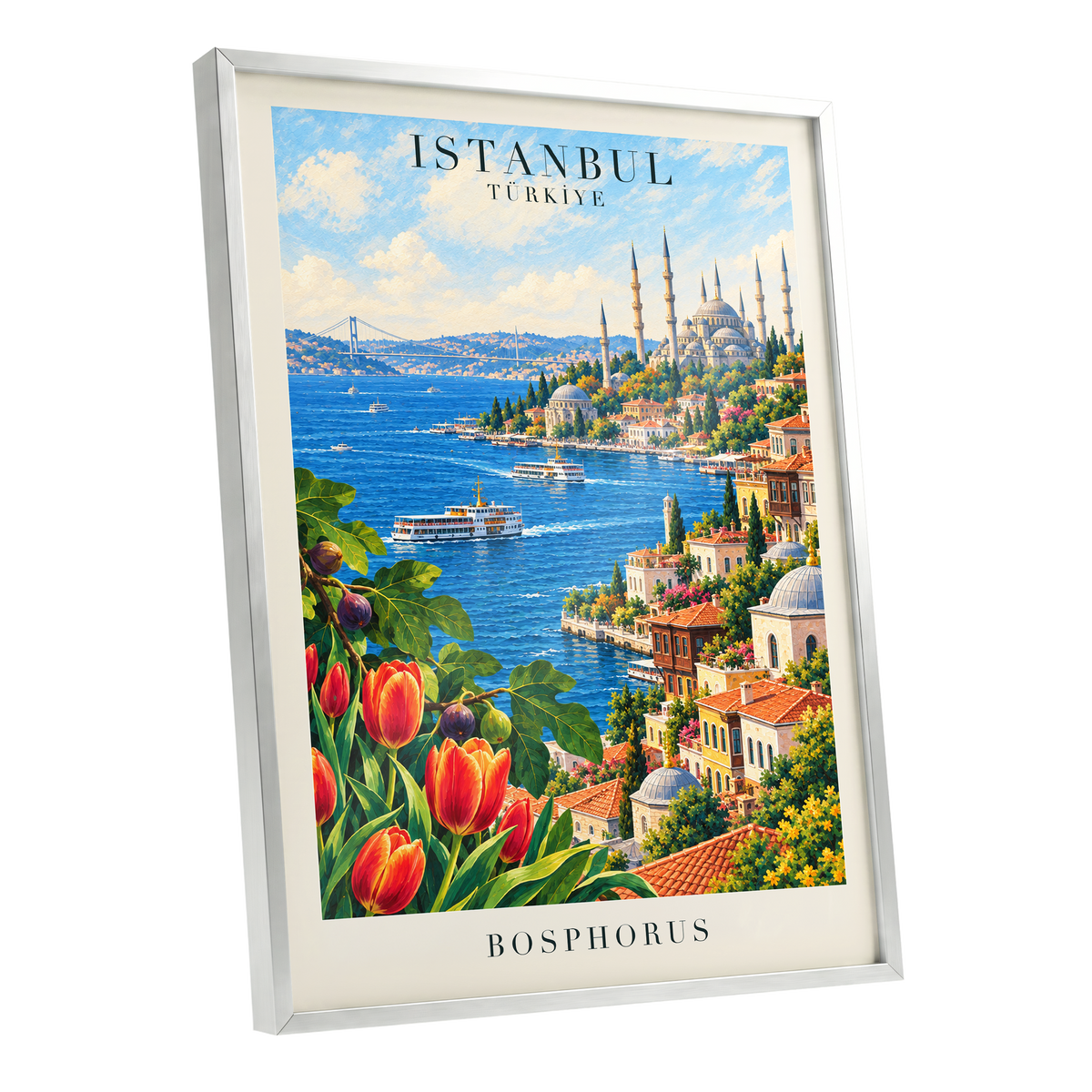 Bosphorus in Bloom, blue, green, beige minimalist wall art shown as a silver framed poster wall art print