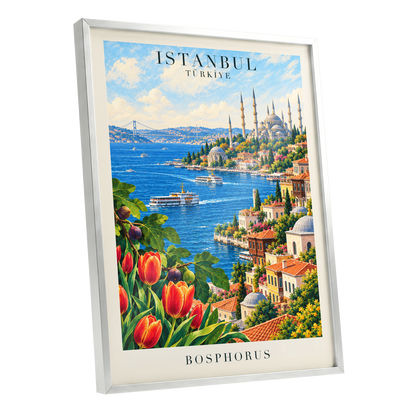 Bosphorus in Bloom, blue, green, beige minimalist wall art shown as a silver framed poster wall art print