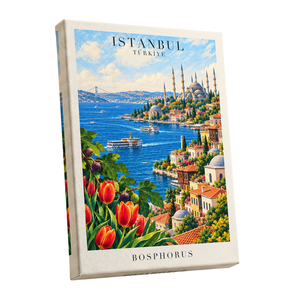 Bosphorus in Bloom, blue, green, beige minimalist wall art shown as a stretched canvas wall art