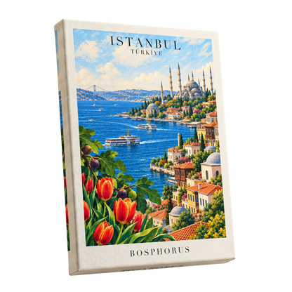 Bosphorus in Bloom, blue, green, beige minimalist wall art shown as a stretched canvas wall art