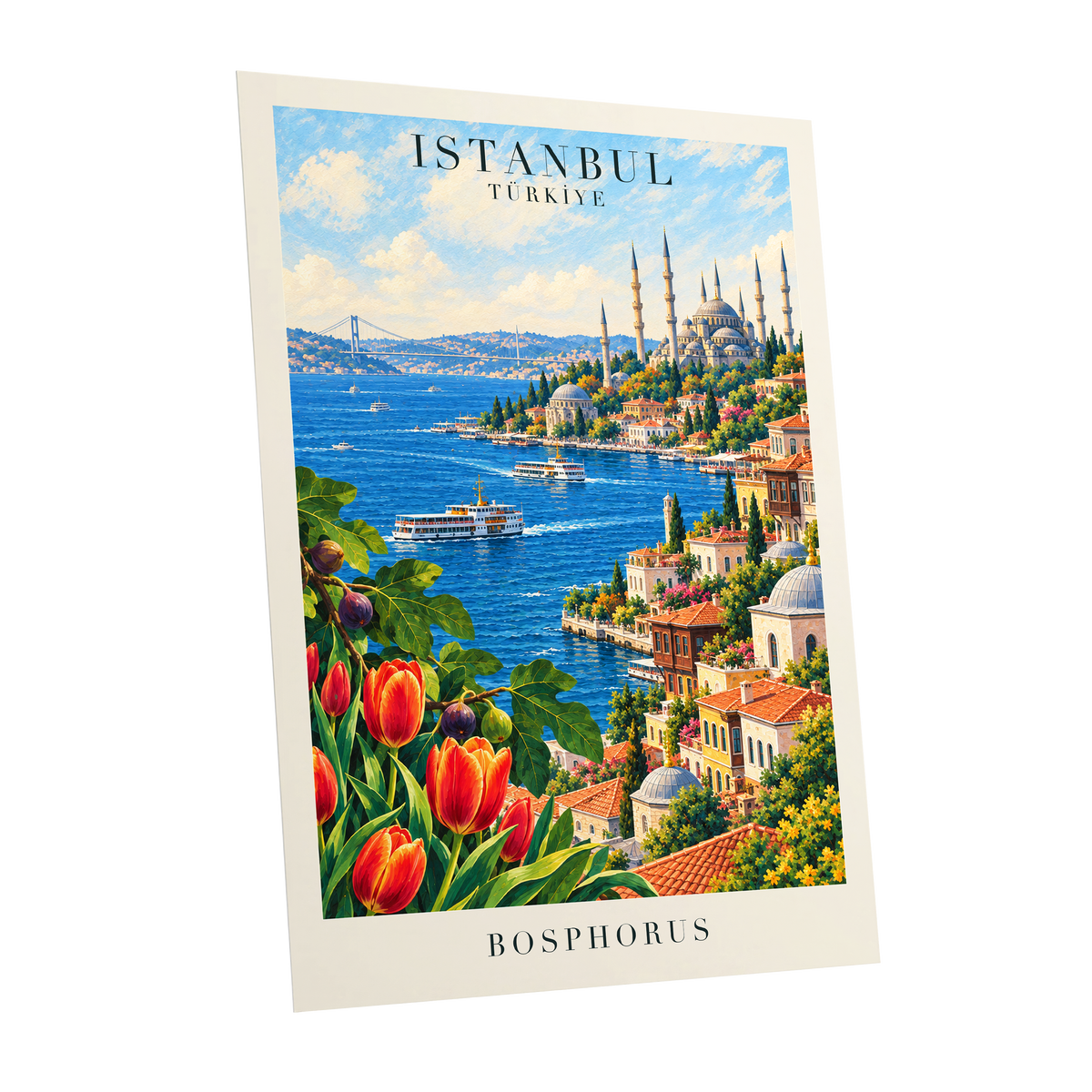 Bosphorus in Bloom, blue, green, beige minimalist wall art shown as a unframed poster wall art print