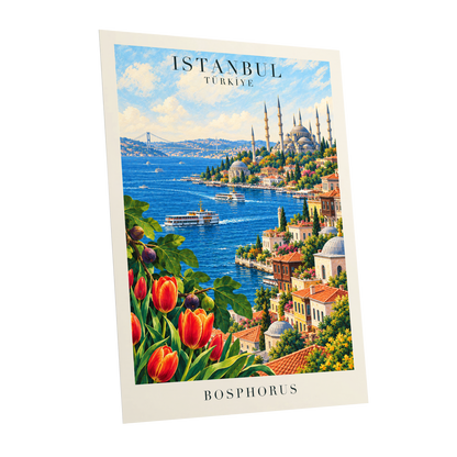 Bosphorus in Bloom, blue, green, beige minimalist wall art shown as a unframed poster wall art print