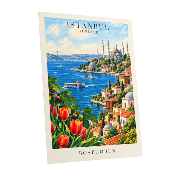 Bosphorus in Bloom, blue, green, beige minimalist wall art shown as a unframed poster wall art print