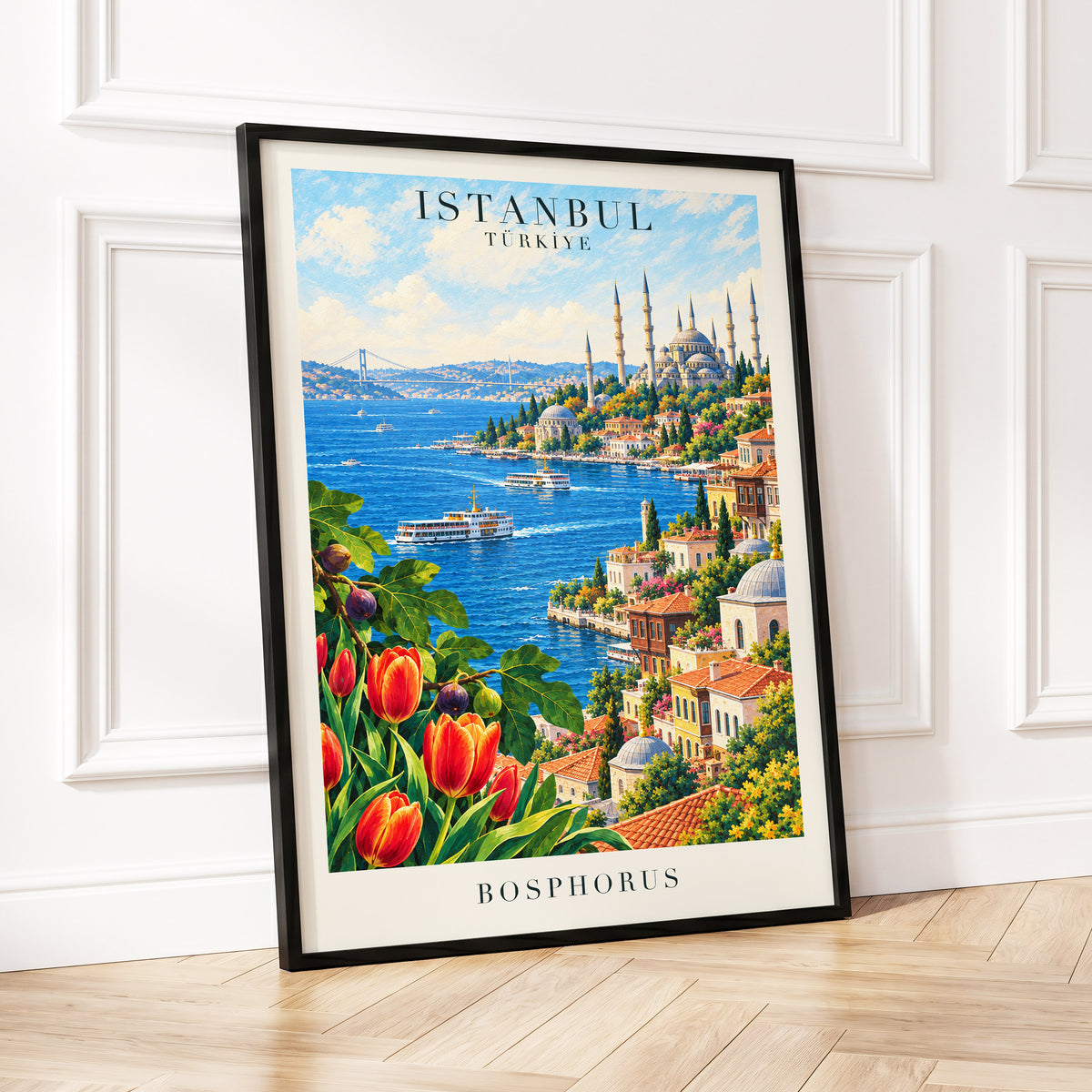 Bosphorus in Bloom, blue, green, beige minimalist wall art displayed in a styled interior, gallery view 2