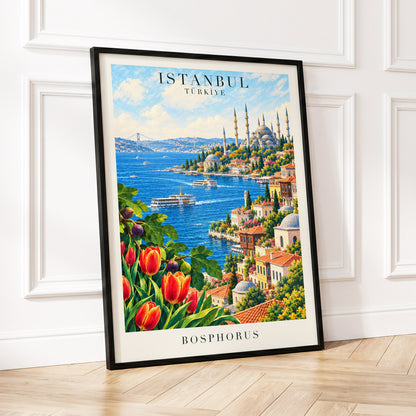 Bosphorus in Bloom, blue, green, beige minimalist wall art displayed in a styled interior, gallery view 2