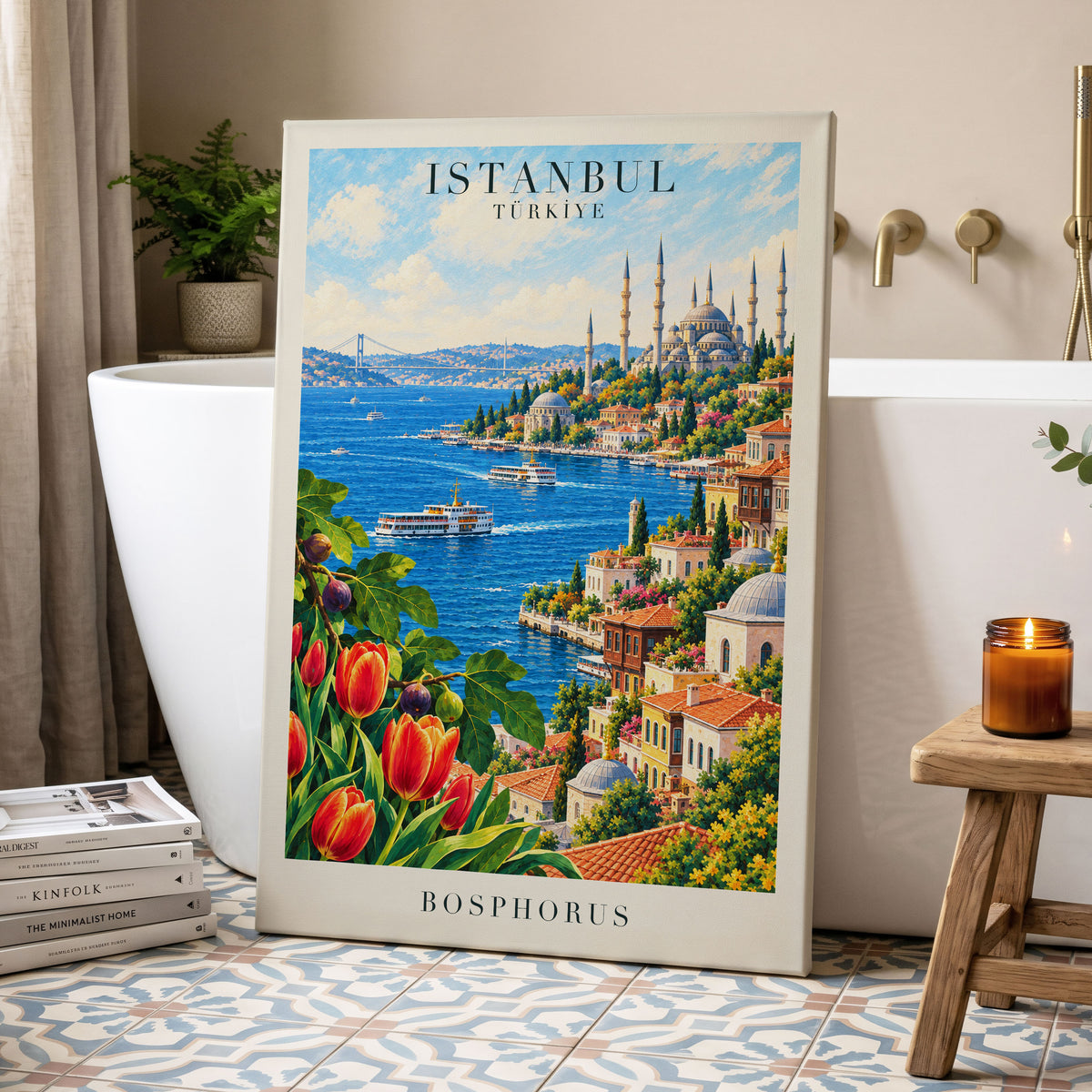 Bosphorus in Bloom, blue, green, beige minimalist wall art displayed in a styled interior, gallery view 3