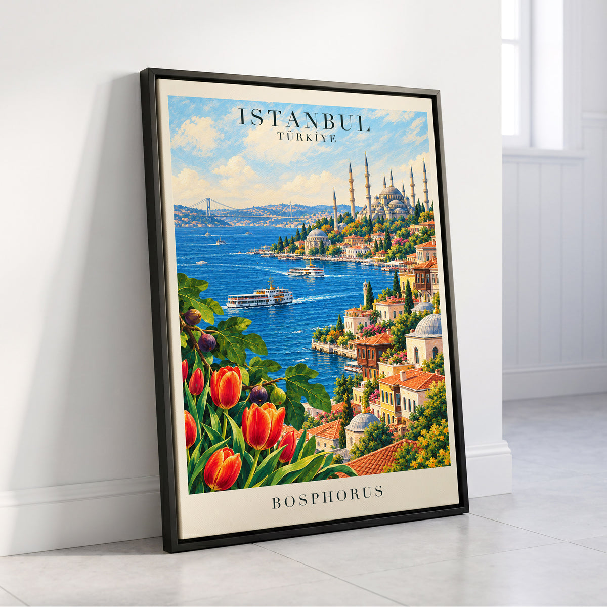 Bosphorus in Bloom, blue, green, beige minimalist wall art displayed in a styled interior, gallery view 4