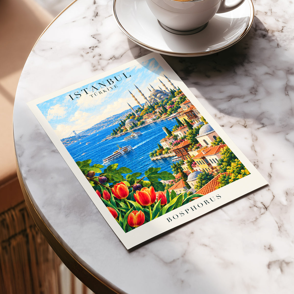 Bosphorus in Bloom, blue, green, beige minimalist wall art displayed in a styled interior, gallery view 5