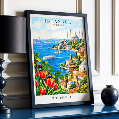 Bosphorus in Bloom, blue, green, beige minimalist wall art displayed in a styled interior, gallery view 6