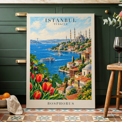 Bosphorus in Bloom, blue, green, beige minimalist wall art displayed in a styled interior, gallery view 7
