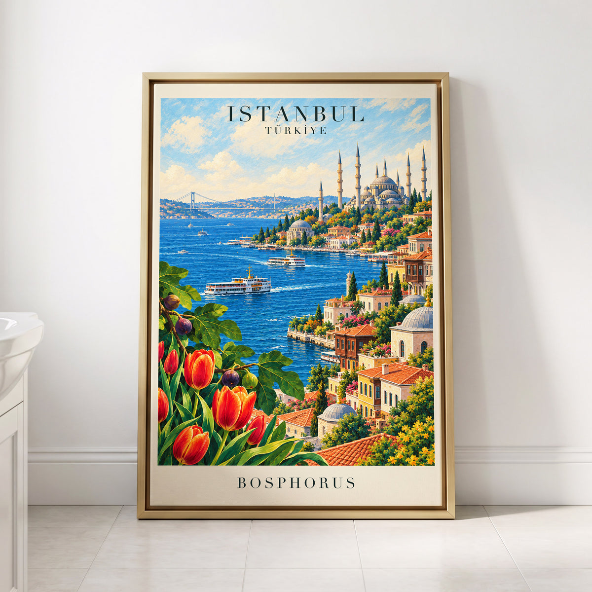 Bosphorus in Bloom, blue, green, beige minimalist wall art displayed in a styled interior, gallery view 8