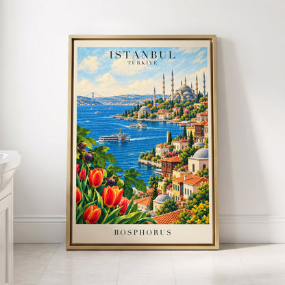 Bosphorus in Bloom, blue, green, beige minimalist wall art displayed in a styled interior, gallery view 8