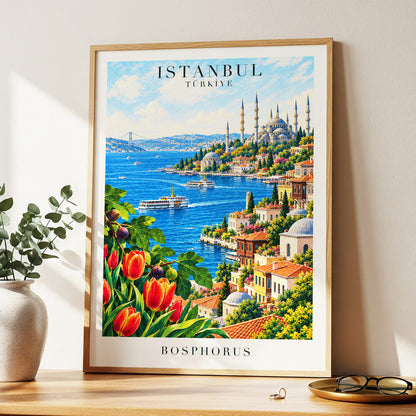 Bosphorus in Bloom, blue, green, beige minimalist wall art displayed in a styled interior, gallery view 9