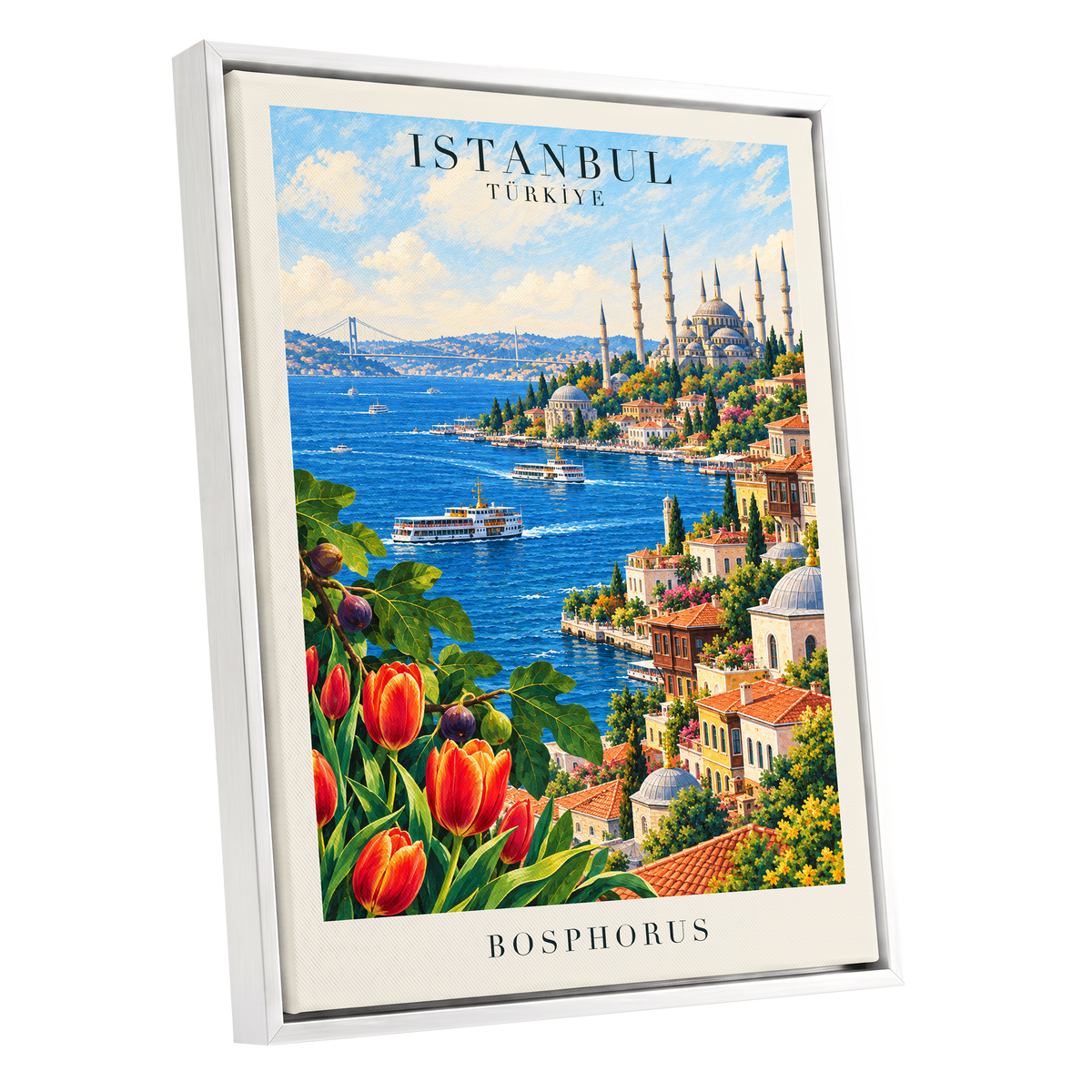 Bosphorus in Bloom, blue, green, beige minimalist wall art shown as a white framed canvas wall art
