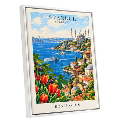 Bosphorus in Bloom, blue, green, beige minimalist wall art shown as a white framed canvas wall art