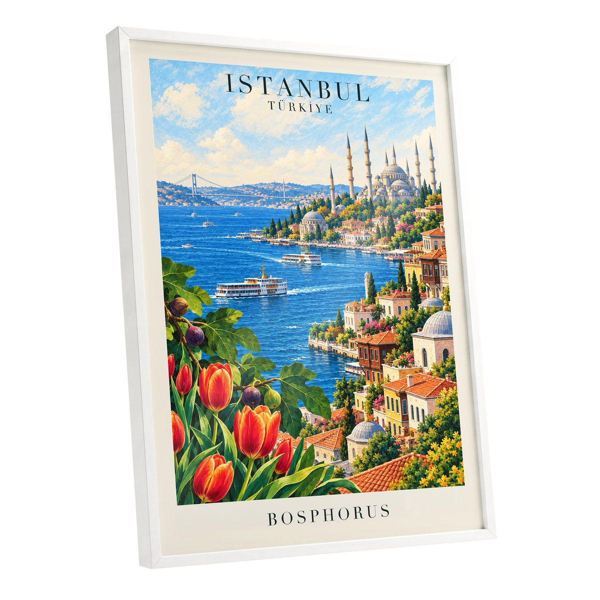 Bosphorus in Bloom, blue, green, beige minimalist wall art shown as a white framed poster wall art print