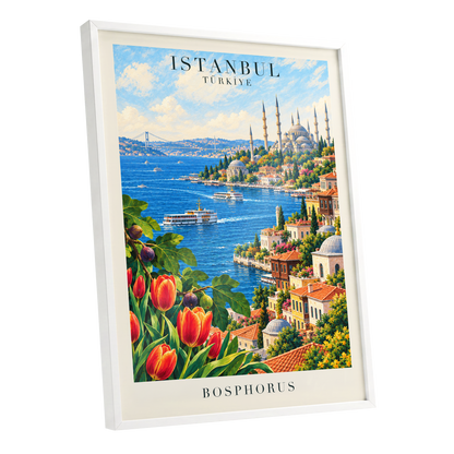 Bosphorus in Bloom, blue, green, beige minimalist wall art shown as a white framed poster wall art print